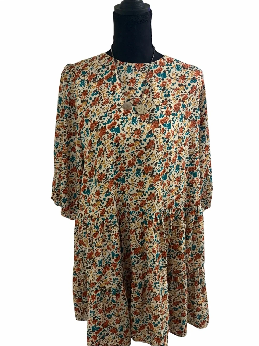 Pink Lily Cream Floral Dress with Rust and Teal Accents - Picture 3 of 7